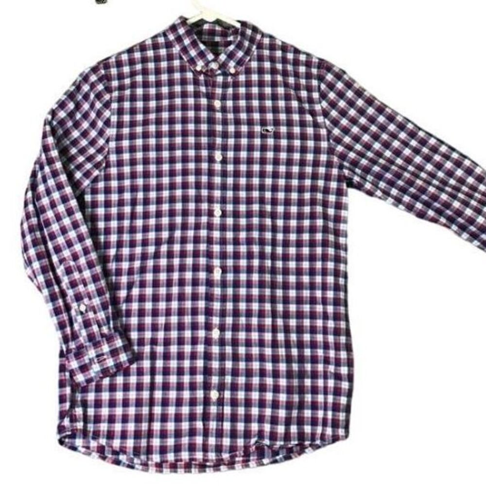 Vineyard Vines Shirt Boys Medium Blue Red Button Down Whale Youth Long‎ Sleeve